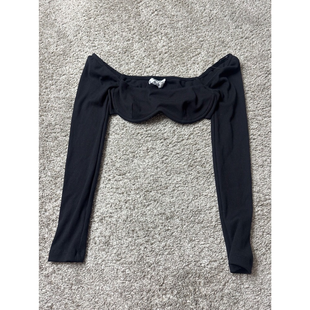 Princess Polly Black Ribbed Underwire Off Shoulder Long Sleeve Crop Top US 6